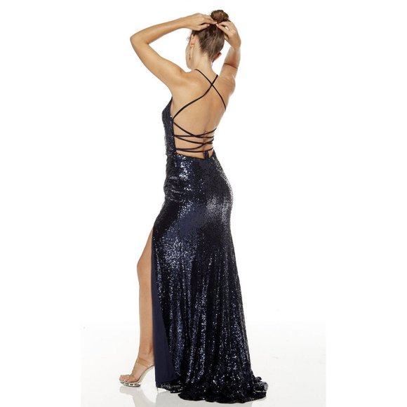 Alyce Paris 60304 Midnight Navy Blue Sequin Prom Formal Dress Gown Size 12 - Picture 3 of 13